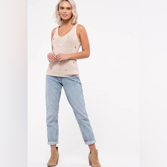 NWT Blu Pepper Women's V-Neck Pompom Knit Sweater Tank Sz Medium, Beige Multi - Picture 7 of 10